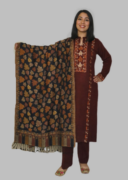 Elegant Wool Embroidered Kurti Set with Woven Contrast Shawl