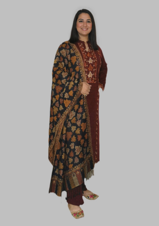 Elegant Wool Embroidered Kurti Set with Woven Contrast Shawl