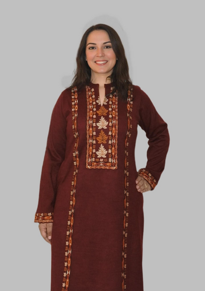 Elegant Wool Embroidered Kurti Set with Woven Contrast Shawl