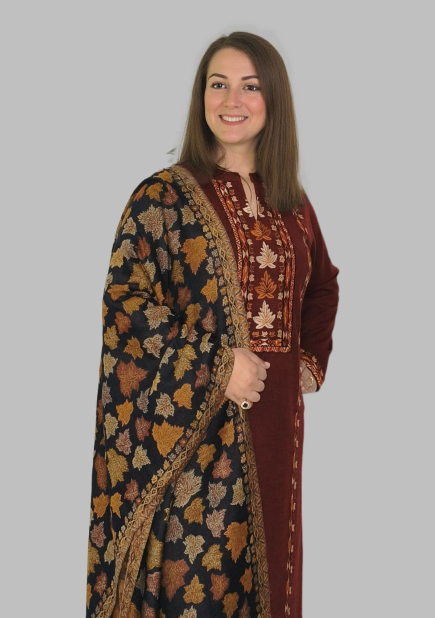 Elegant Wool Embroidered Kurti Set with Woven Contrast Shawl