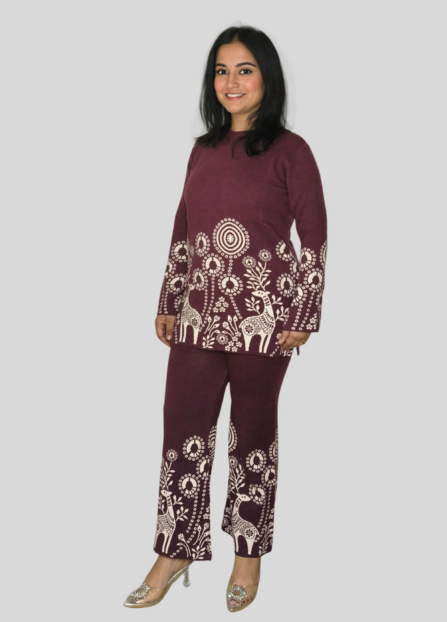 Elegant Wool Top & Pants Set with Patterned Accents