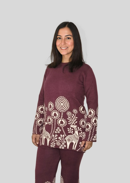 Elegant Wool Top & Pants Set with Patterned Accents