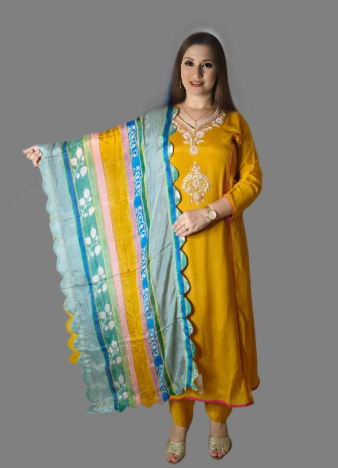 Embroidered Chinon Suit with Cut Work Dupatta