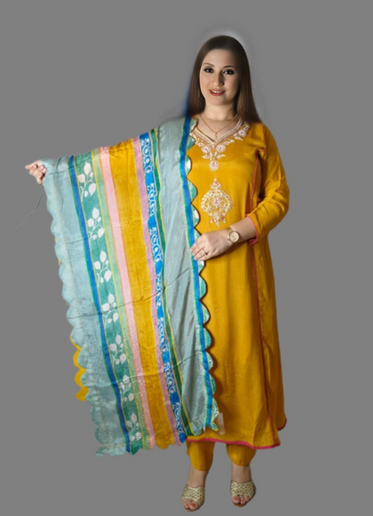 Embroidered Chinon Suit with Cut Work Dupatta