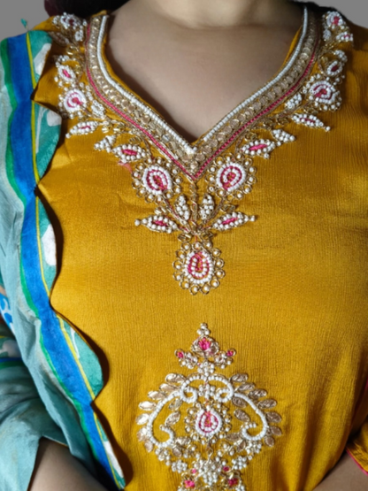 Embroidered Chinon Suit with Cut Work Dupatta