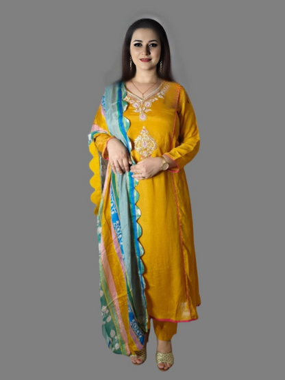 Embroidered Chinon Suit with Cut Work Dupatta