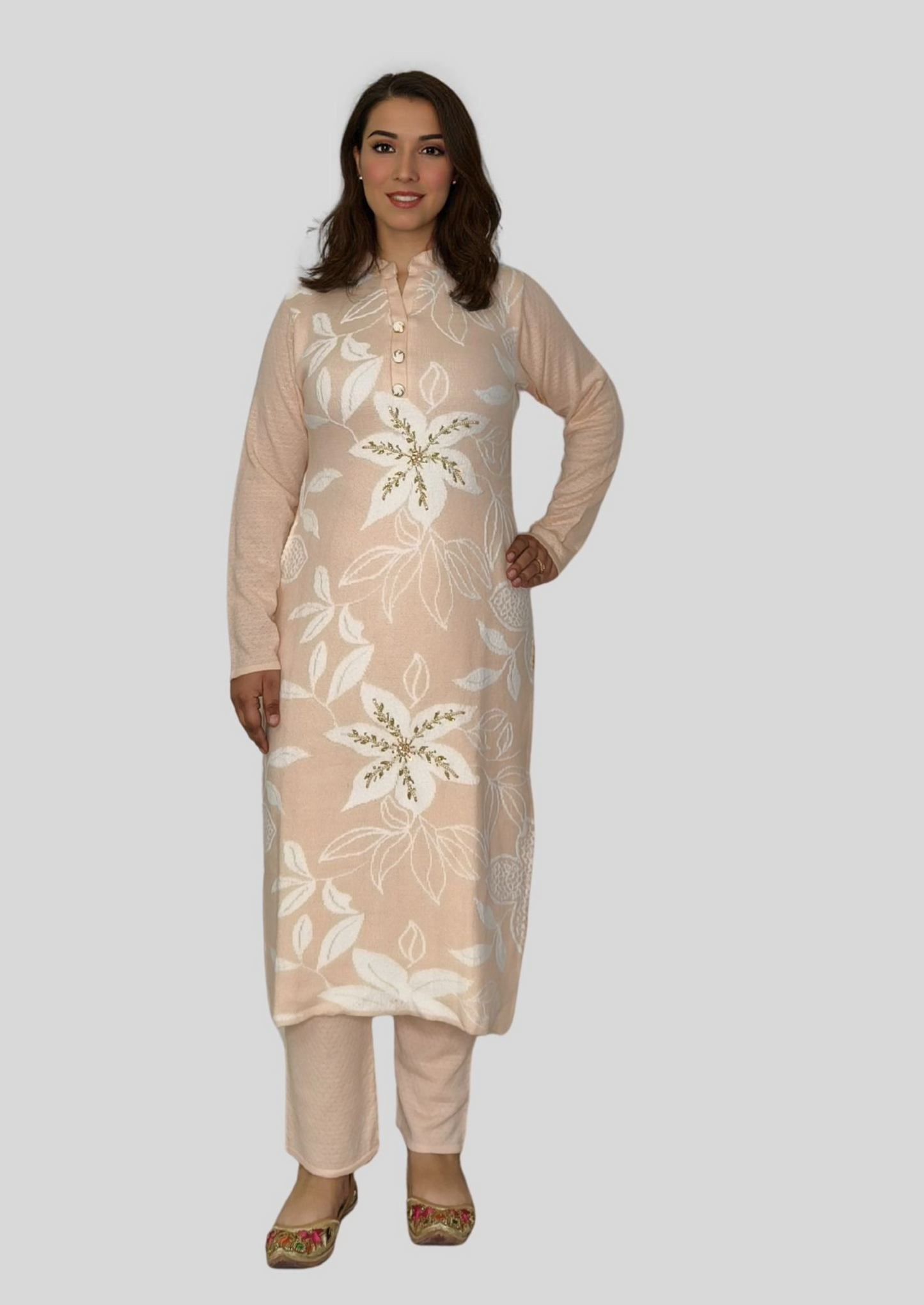 Floral Embroidered Wool Kurti Set with Self-Design Stole