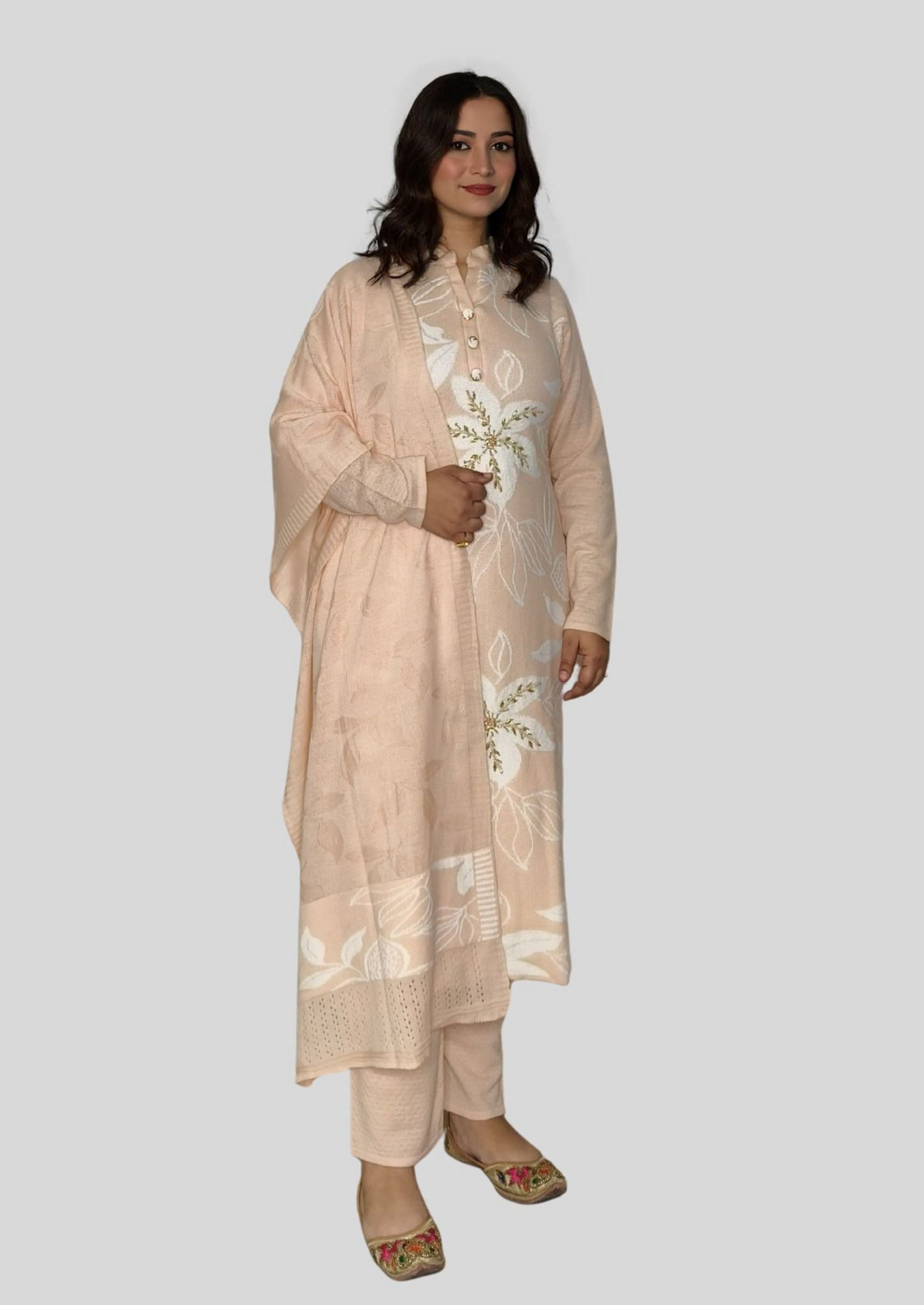 Floral Embroidered Wool Kurti Set with Self-Design Stole