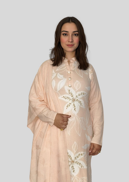 Floral Embroidered Wool Kurti Set with Self-Design Stole