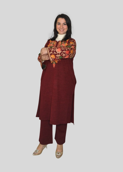 Daffodil Wool Pheran with Festive Multi-Colored Embroidery