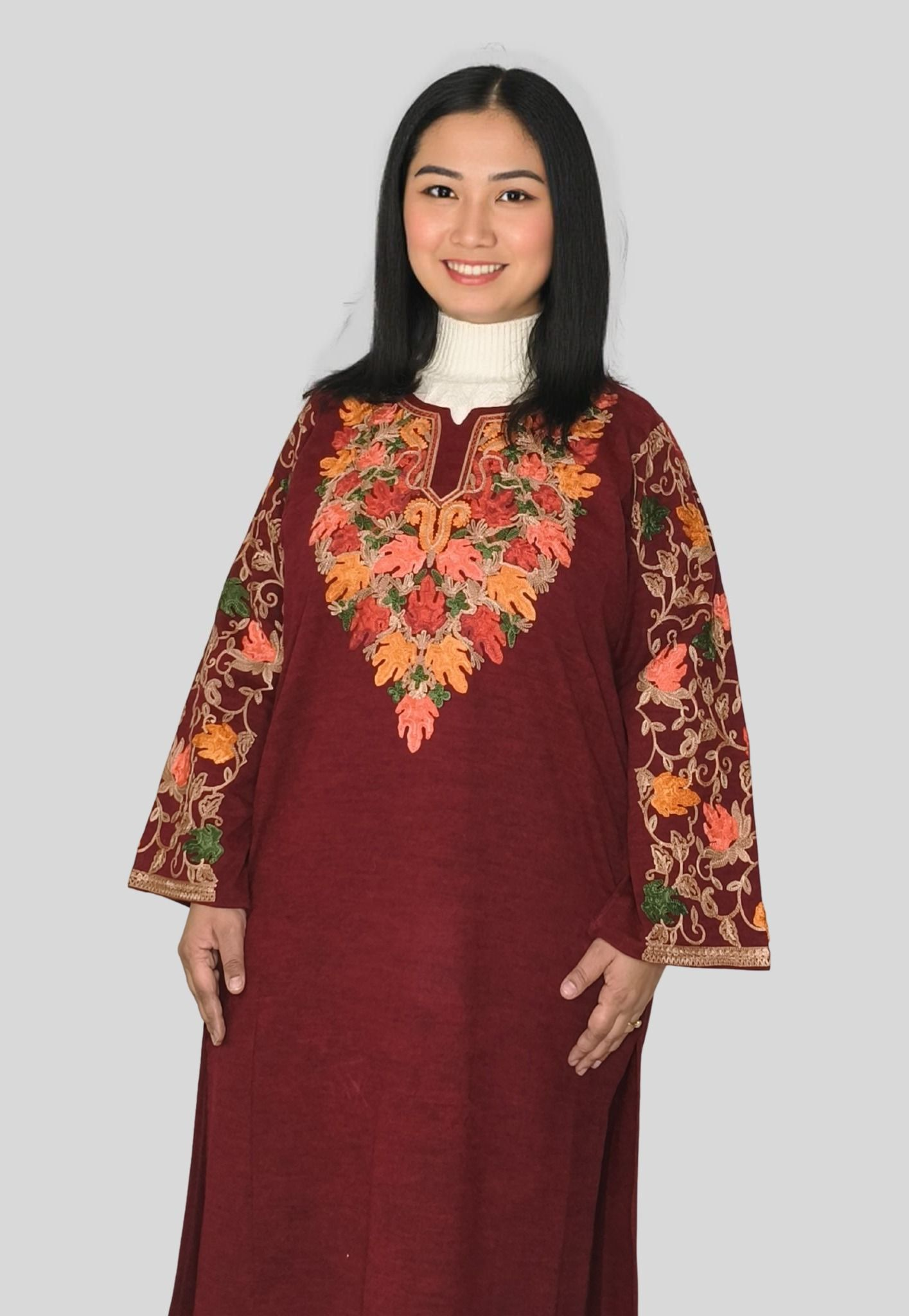 Daffodil Wool Pheran with Festive Multi-Colored Embroidery