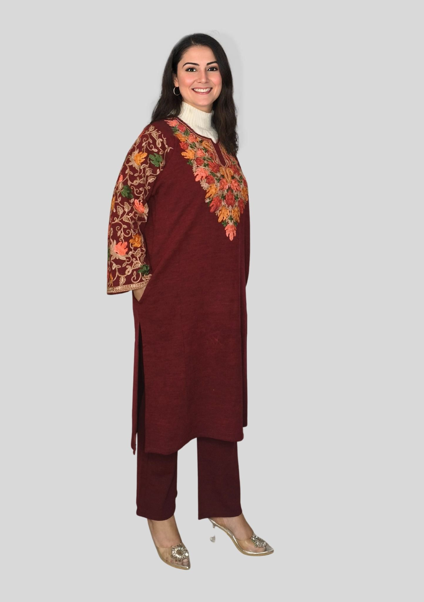 Daffodil Wool Pheran with Festive Multi-Colored Embroidery