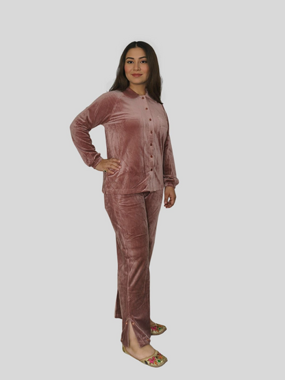 Velvet Collared Shirt & Flared Pants Set with Subtle Print