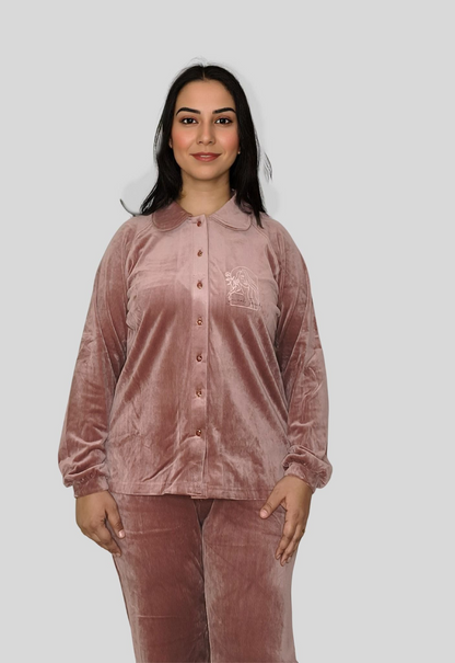 Velvet Collared Shirt & Flared Pants Set with Subtle Print