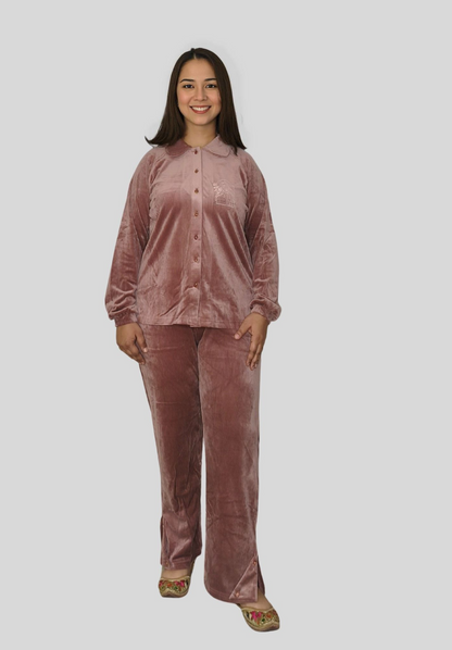 Velvet Collared Shirt & Flared Pants Set with Subtle Print