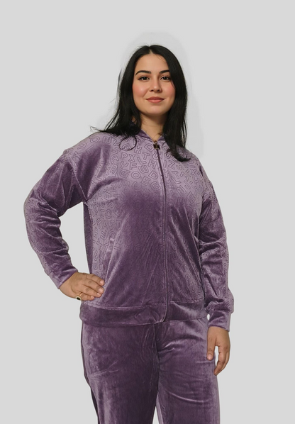 Velvet Zipper Top & Matching Pants Set with Subtle Self-Print