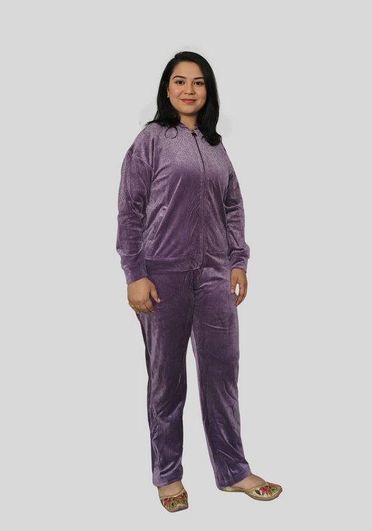 Velvet Zipper Top & Matching Pants Set with Subtle Self-Print