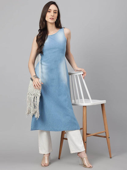 Light Blue Solid Denim Straight Kurta