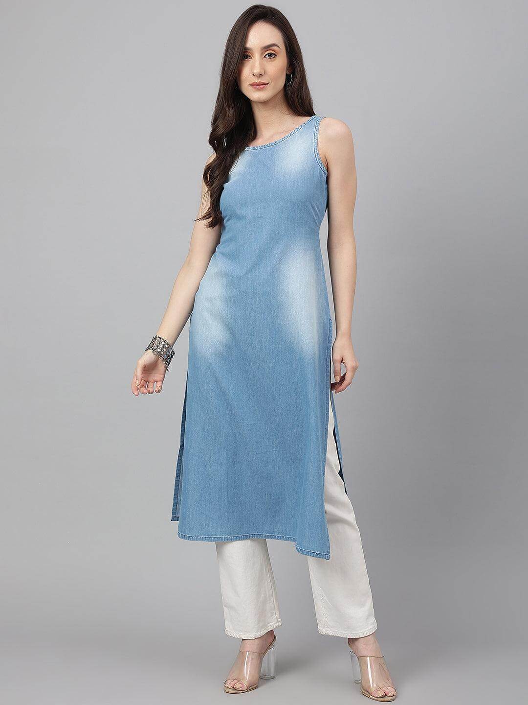 Light Blue Solid Denim Straight Kurta