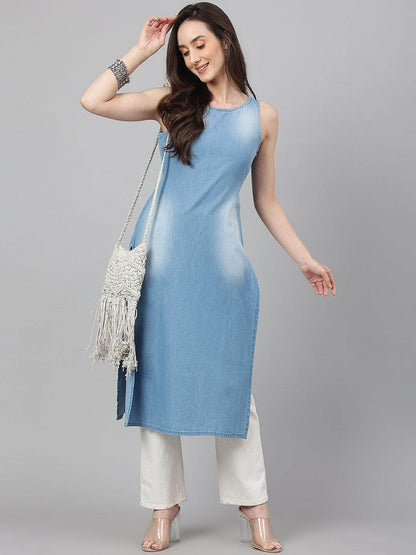 Light Blue Solid Denim Straight Kurta