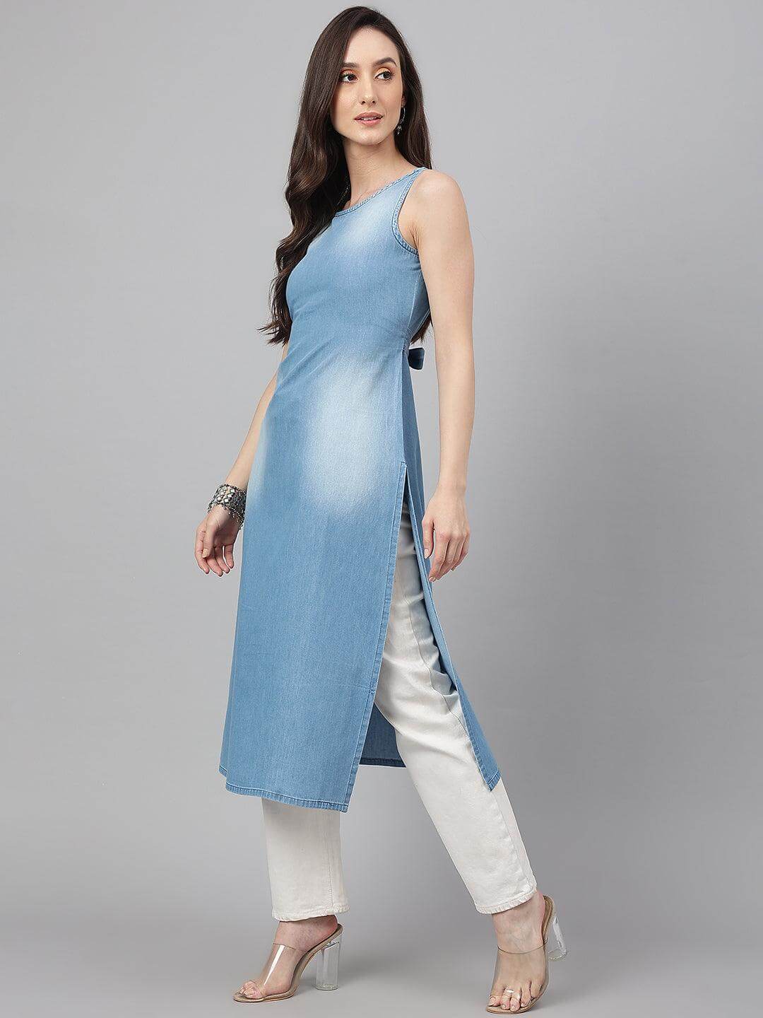 Light Blue Solid Denim Straight Kurta