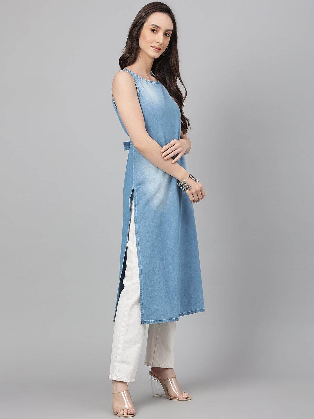 Light Blue Solid Denim Straight Kurta