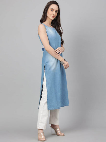 Light Blue Solid Denim Straight Kurta