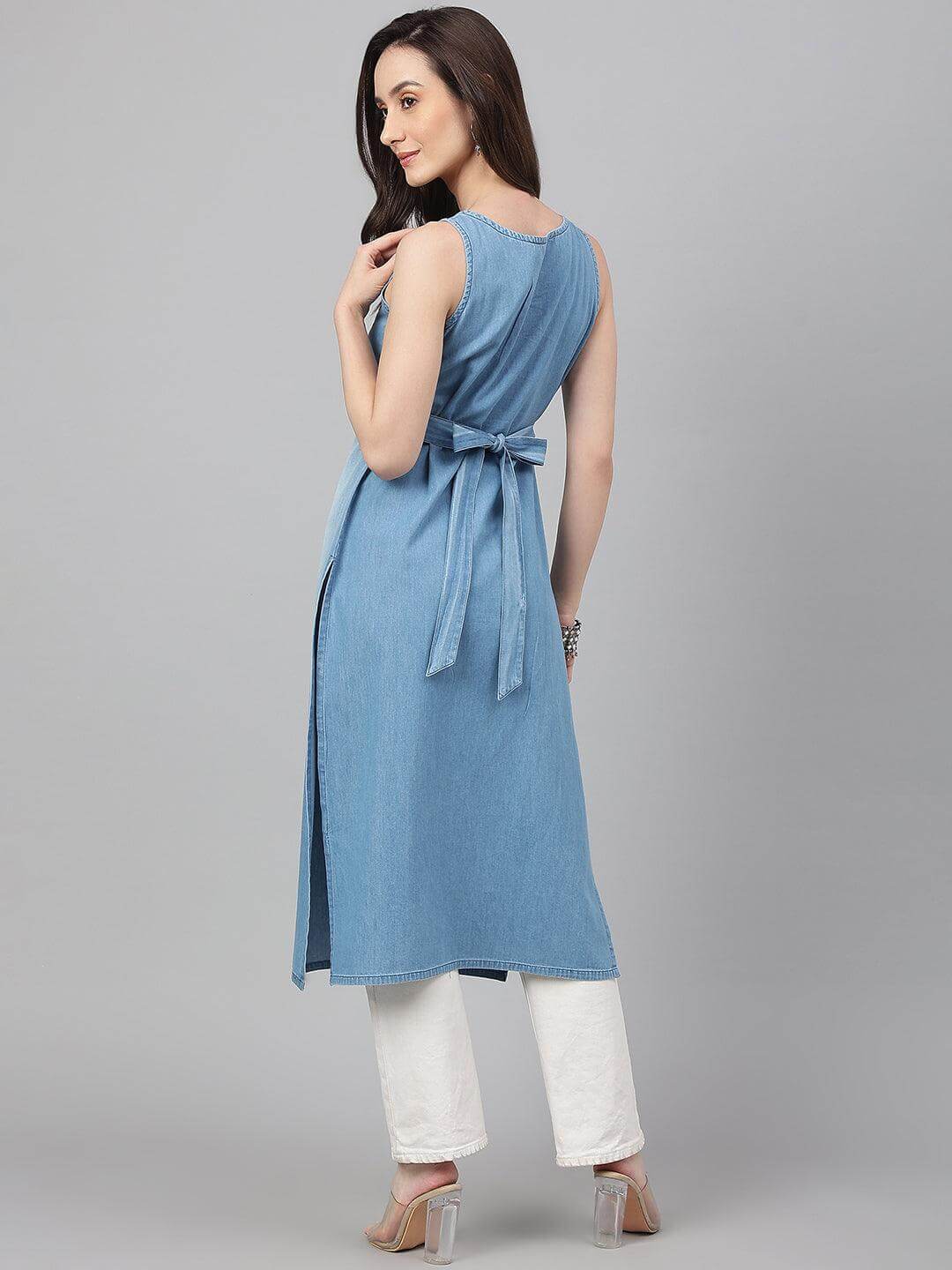 Light Blue Solid Denim Straight Kurta